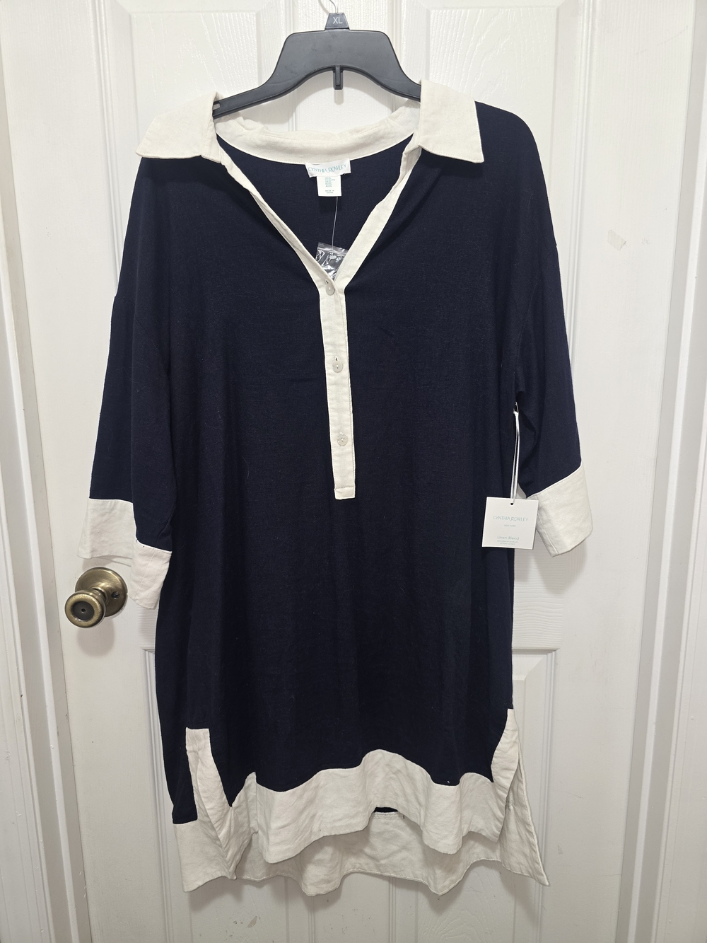 Cynthia Rowley Navy and Cream Contrast-Collar Midi Tunic Dress